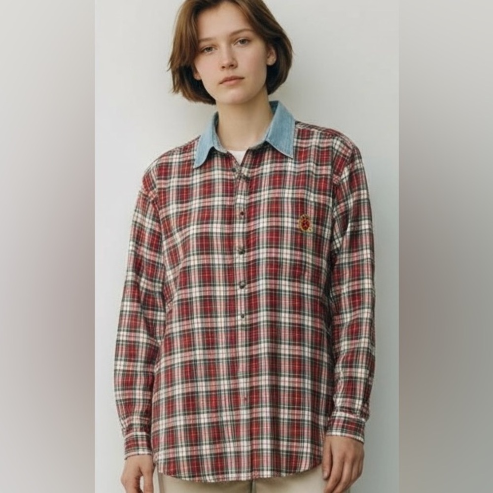 VTG 90s Forelli Womens 14/16 Plaid W/Denim Collar Button Up Shirt A-7 Preppy